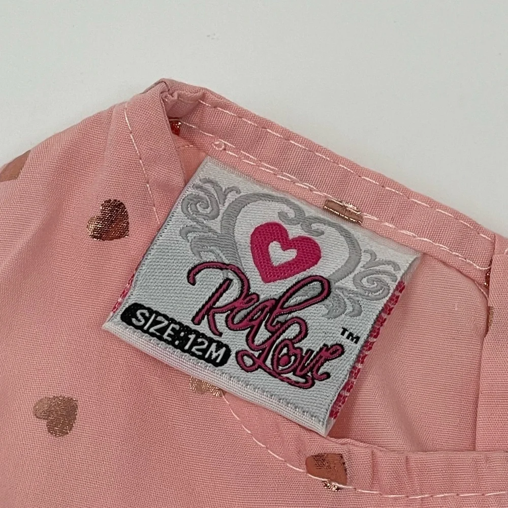 REAL LOVE PINK SHINY HEARTS DRESS & BLOOMERS RUFFLE & BOW SZ 12 MONTHS - Picture 3 of 11